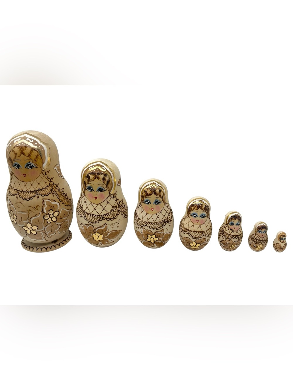 Vintage Russian Matryoshka Nesting Dolls Set of 7 Hand Painted Floral Tan Gold